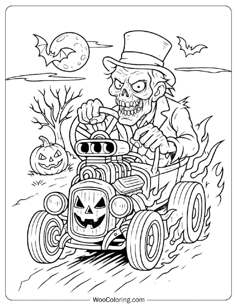 Halloween Skeleton Driving a Hot Rod with Jack O Lantern and Spooky Background