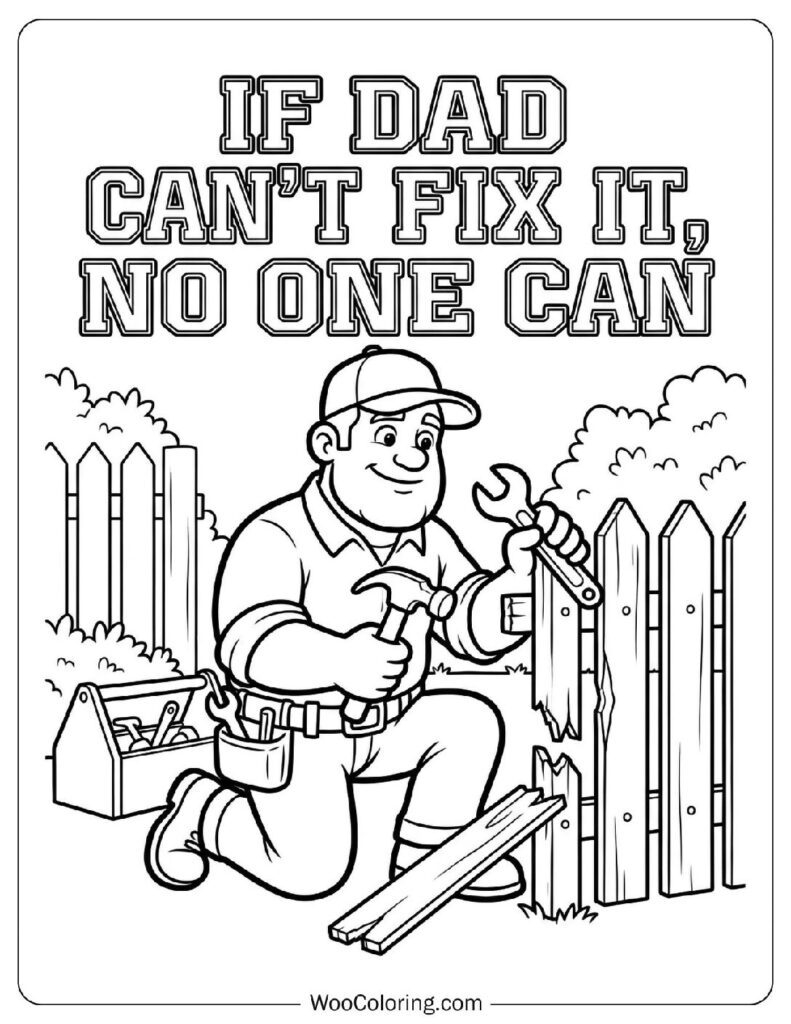 Handyman Dad with Tool Belt Hammer and Wrench Fixing Fence