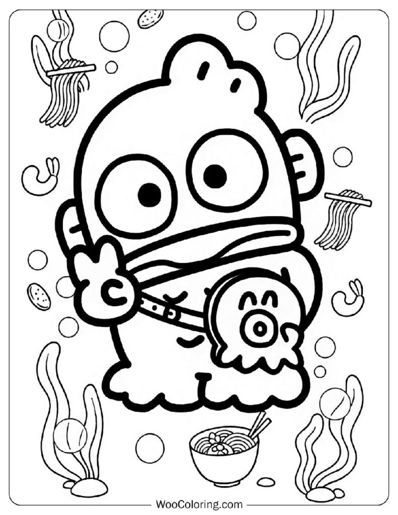 Hangyodon funny Sanrio fish character eating noodles underwater with shrimp