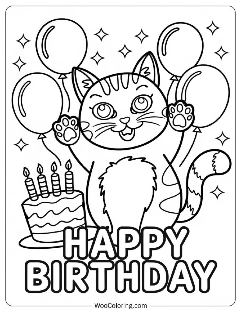 Happy Birthday Cat Coloring Page For Preschoolers