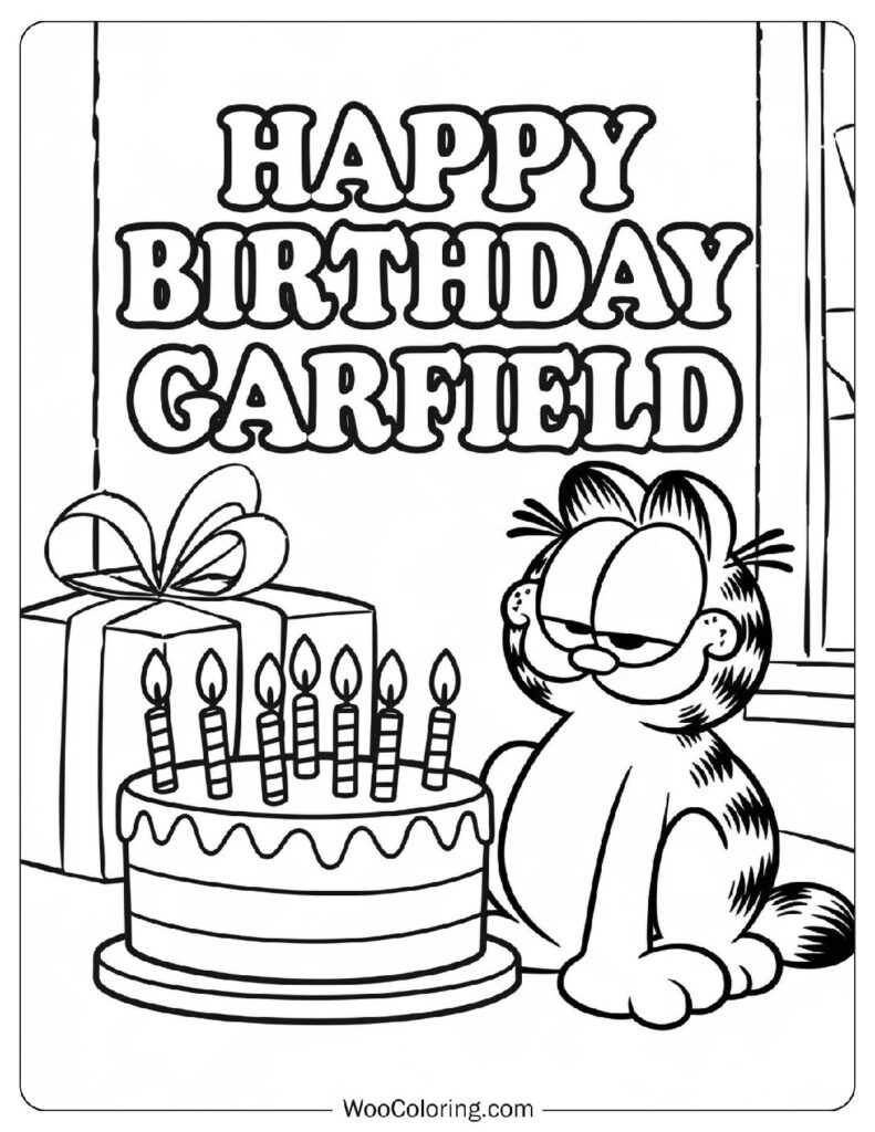 Happy Birthday Garfield With Cake And Gift Coloring Picture