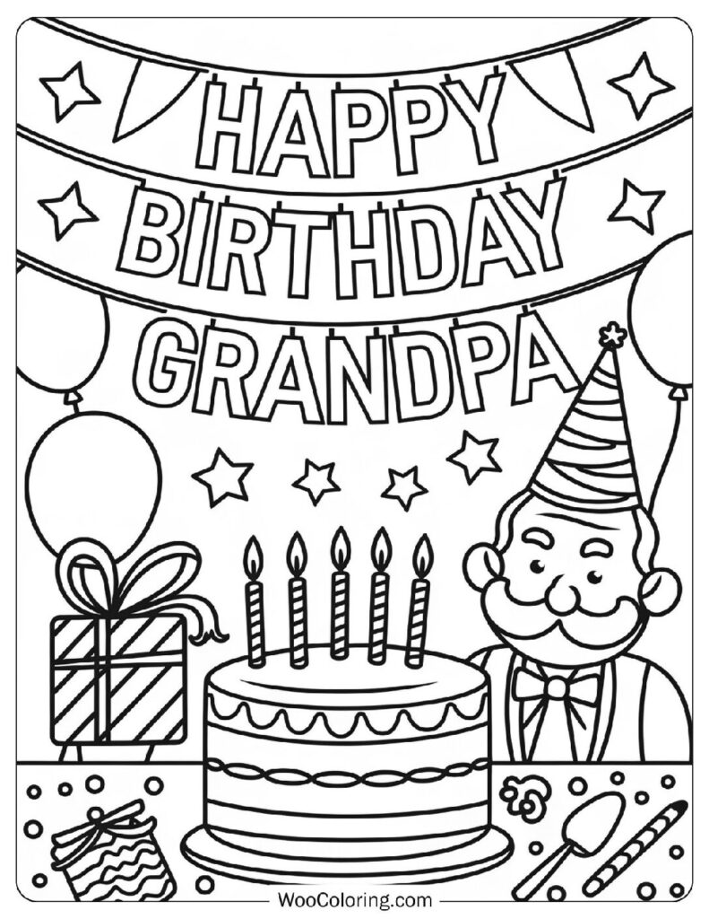 Happy Birthday Grandpa Party Scene With Gift Boxes And Cake