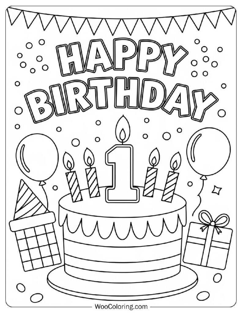 Happy Birthday Lettering With Number One Candle Coloring Page For Preschoolers