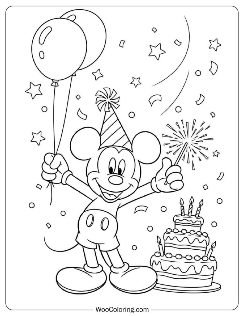 Happy Birthday Mickey with Cake and Balloon Coloring Picture
