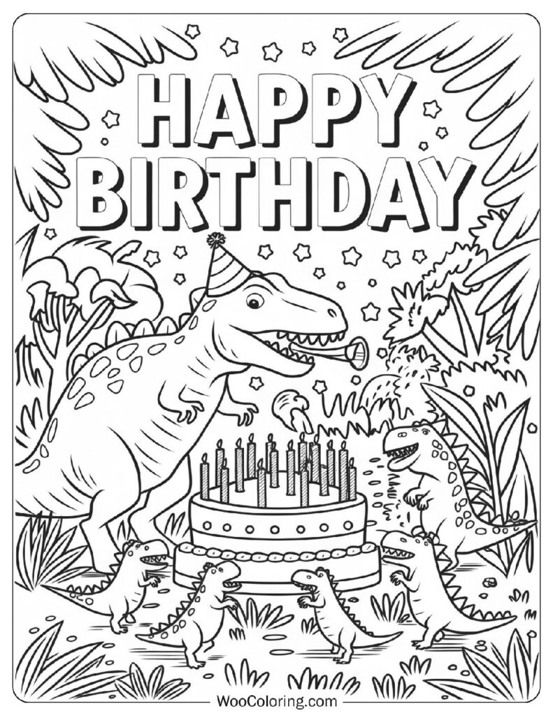 Happy Birthday With T-Rex And Baby Dinosaurs Coloring Picture