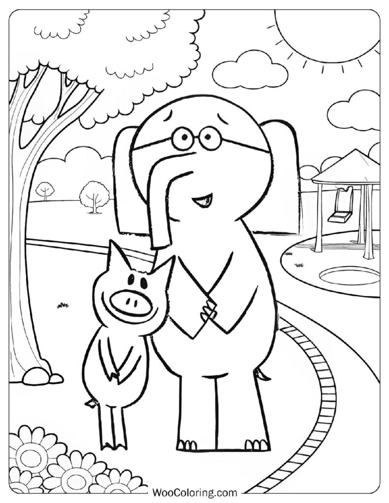 Elephant and Piggie in the Park Coloring Page with Trees and Flowers