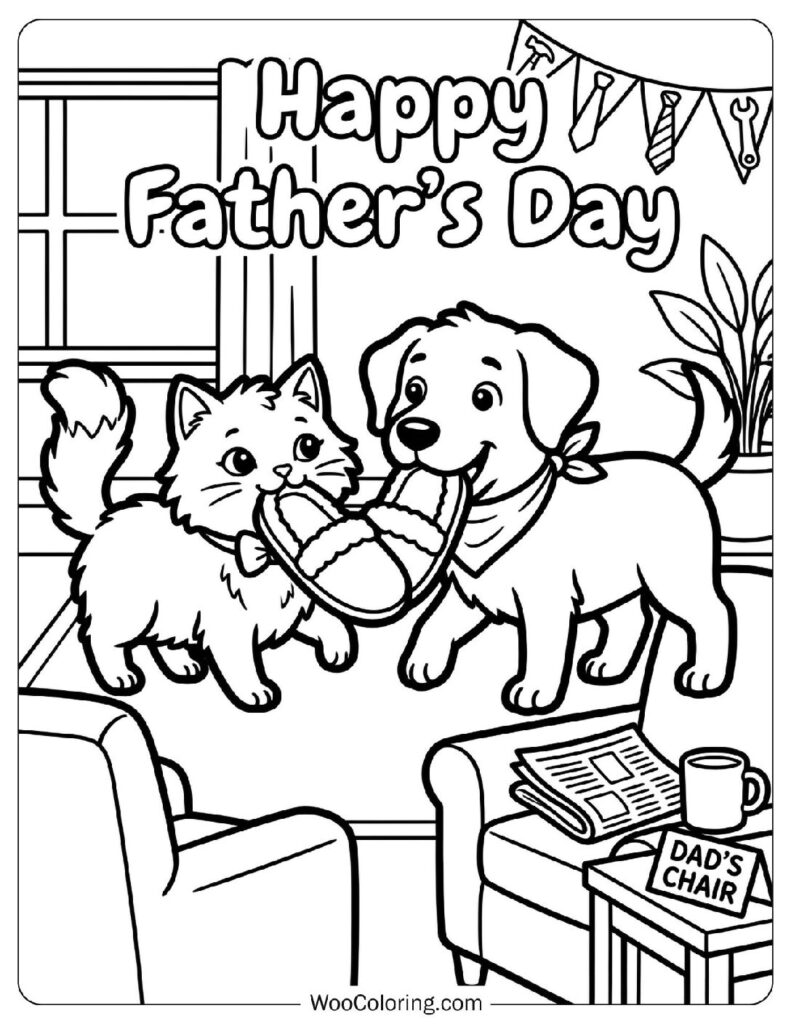 Happy Father's Day Cat and Dog Bringing Slippers to Dad