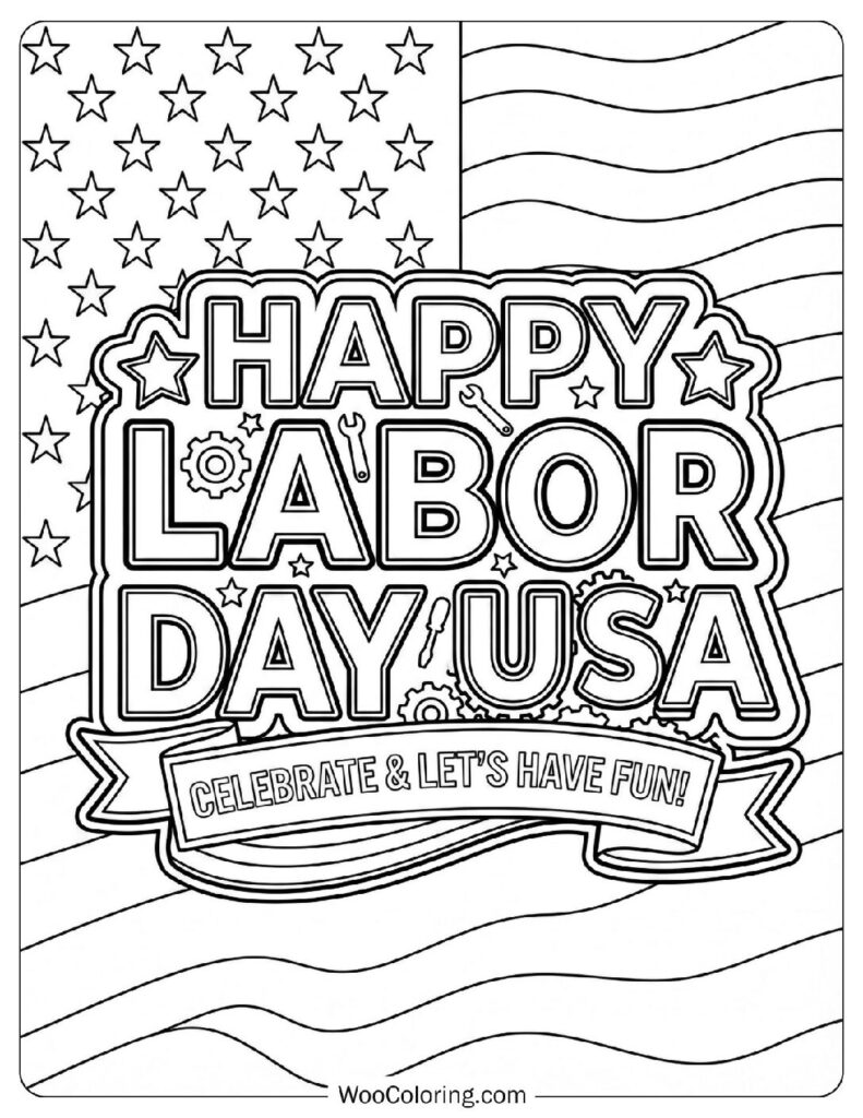 Happy Labor Day USA with American Flag and Typography Background Coloring Page