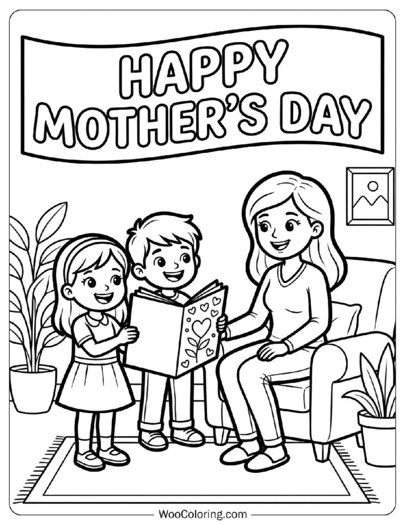 Happy Mother’s Day Banner Above Kids Giving Mom a Card Coloring Page