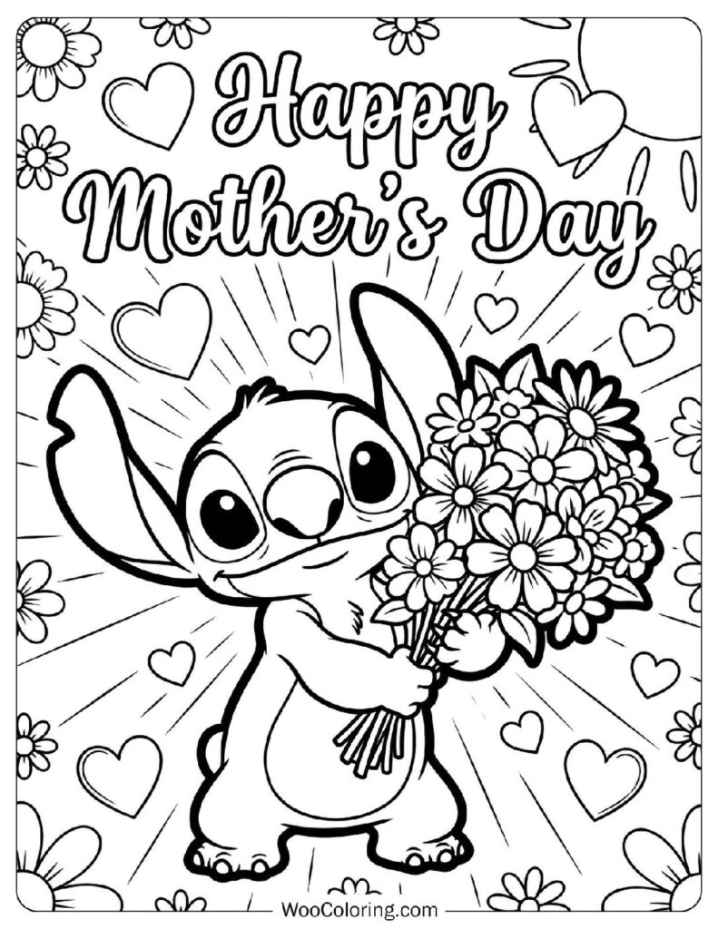 Happy Mother’s Day Script with Stitch Carrying Flowers Coloring Sheet