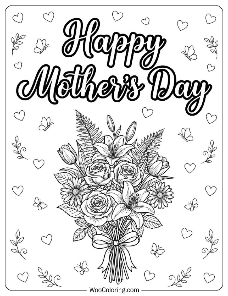 Happy Mother’s Day Script with a Realistic Flower Bouquet Coloring Page