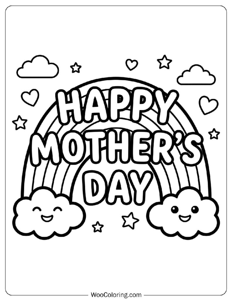 Happy Mother’s Day Words on a Vibrant Rainbow with Clouds Coloring Sheet for Preschoolers