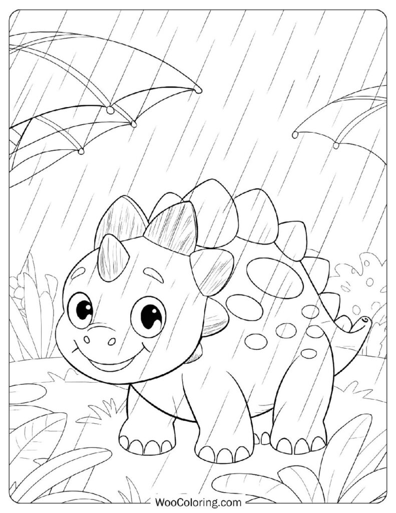 Happy Stegosaurus in the Rain Sheet To Color