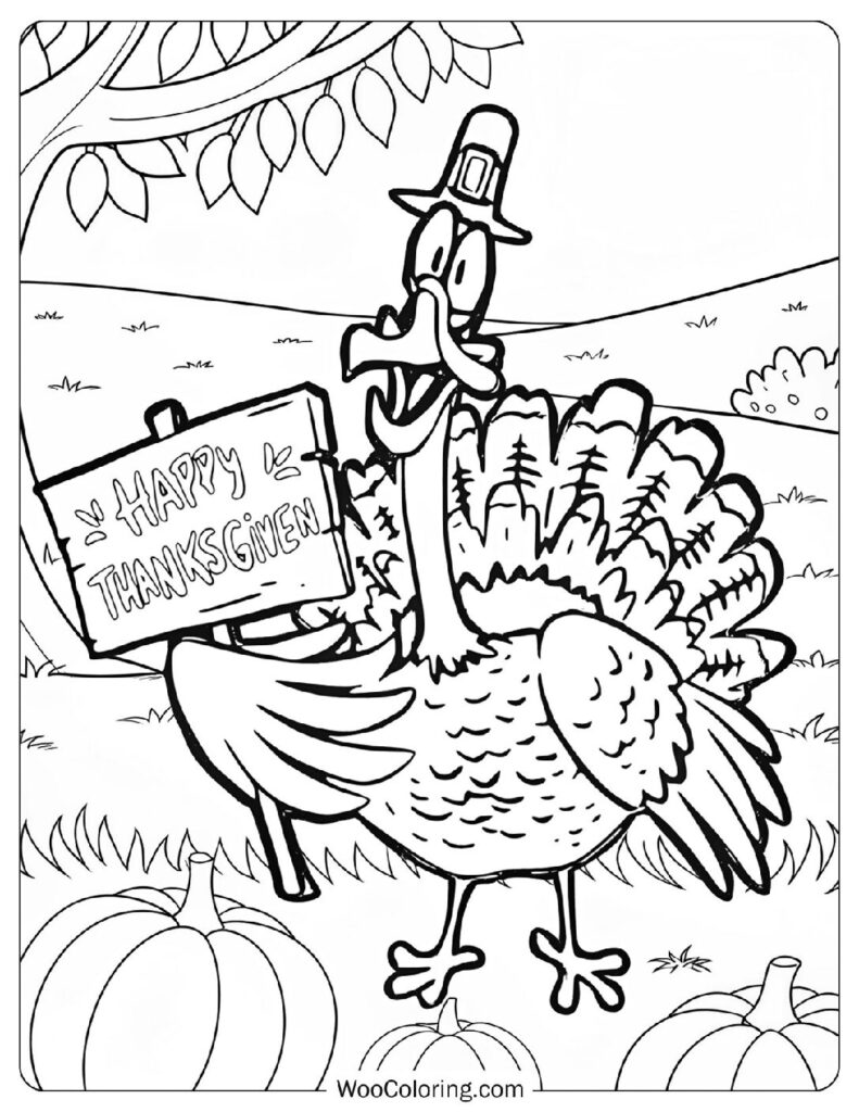 Happy Thanksgiving Turkey Holding a Festive Sign in a Pumpkin Field – Coloring for Kids