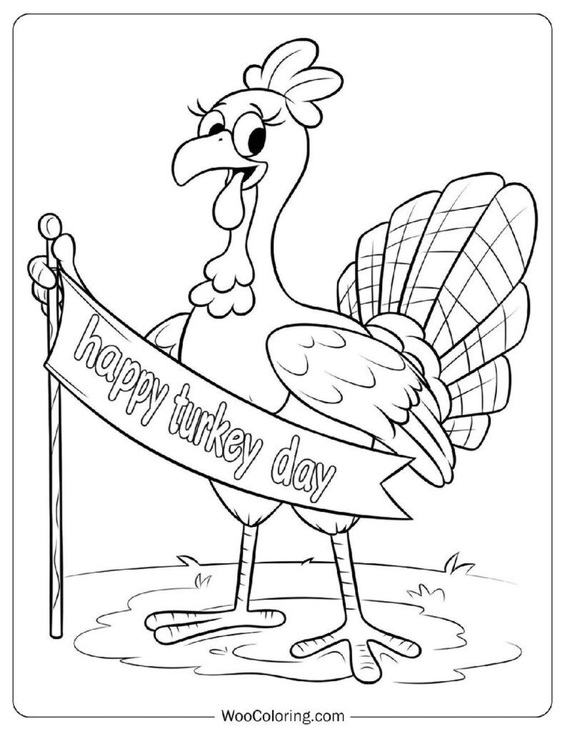 Happy Turkey Day Cartoon Coloring Page Illustration for Preschool Thanksgiving Celebration