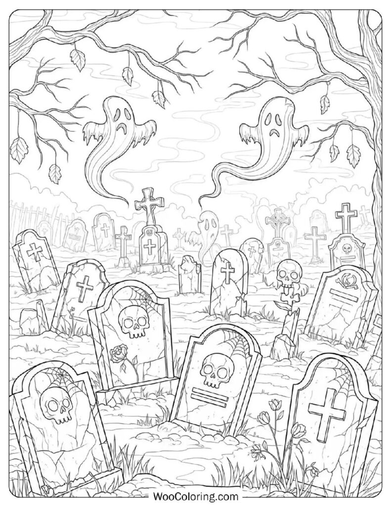 Haunted Graveyard Scene coloring page