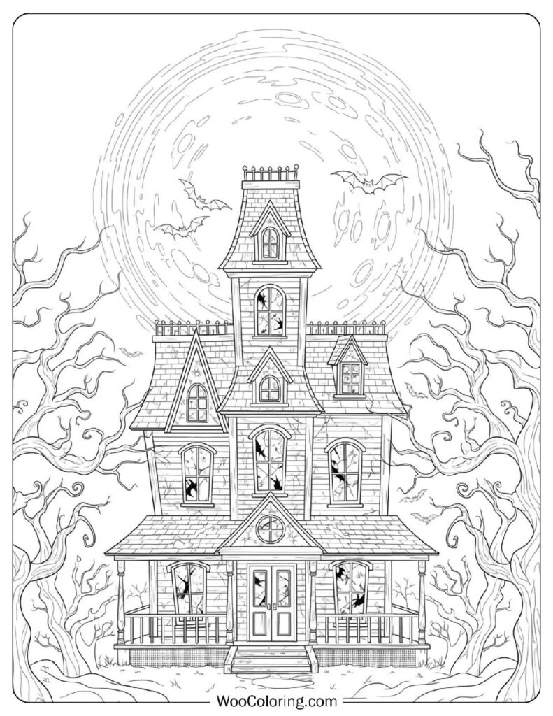 Haunted House at Night coloring page
