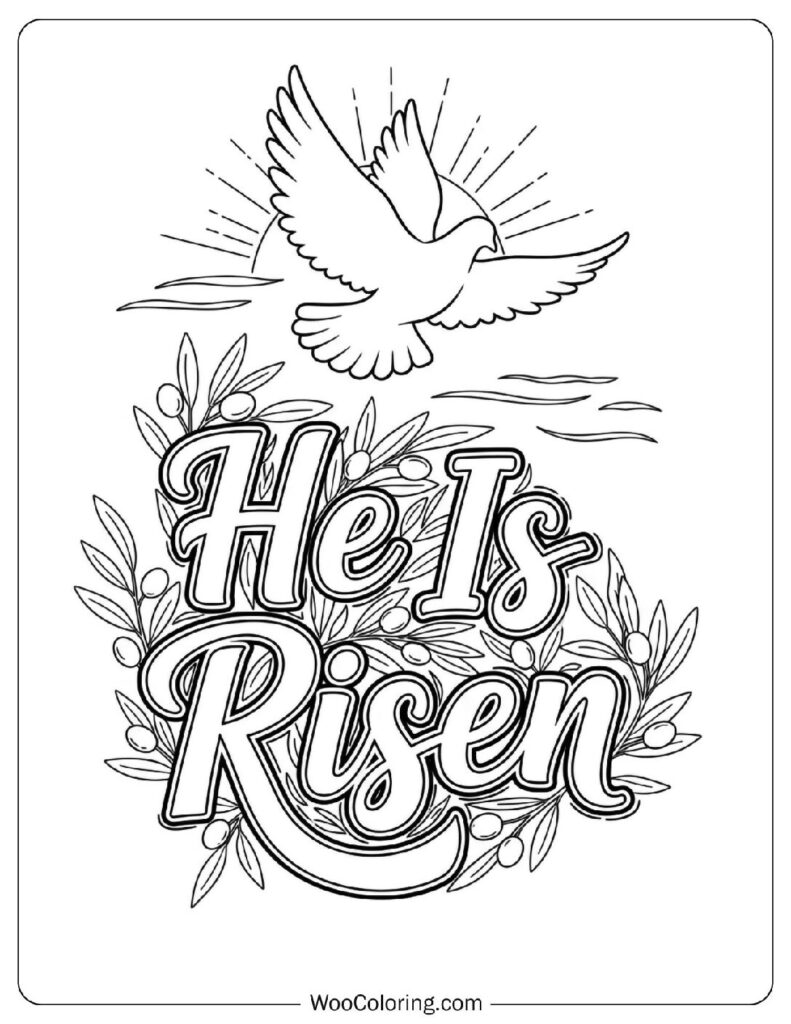 He Is Risen Script with Olive Branches Coloring Sheet
