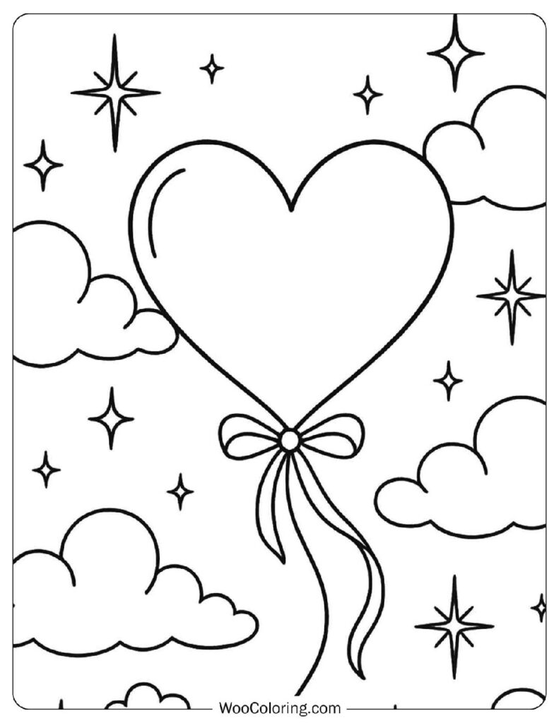 Heart Balloon Floating Among Stars and Clouds