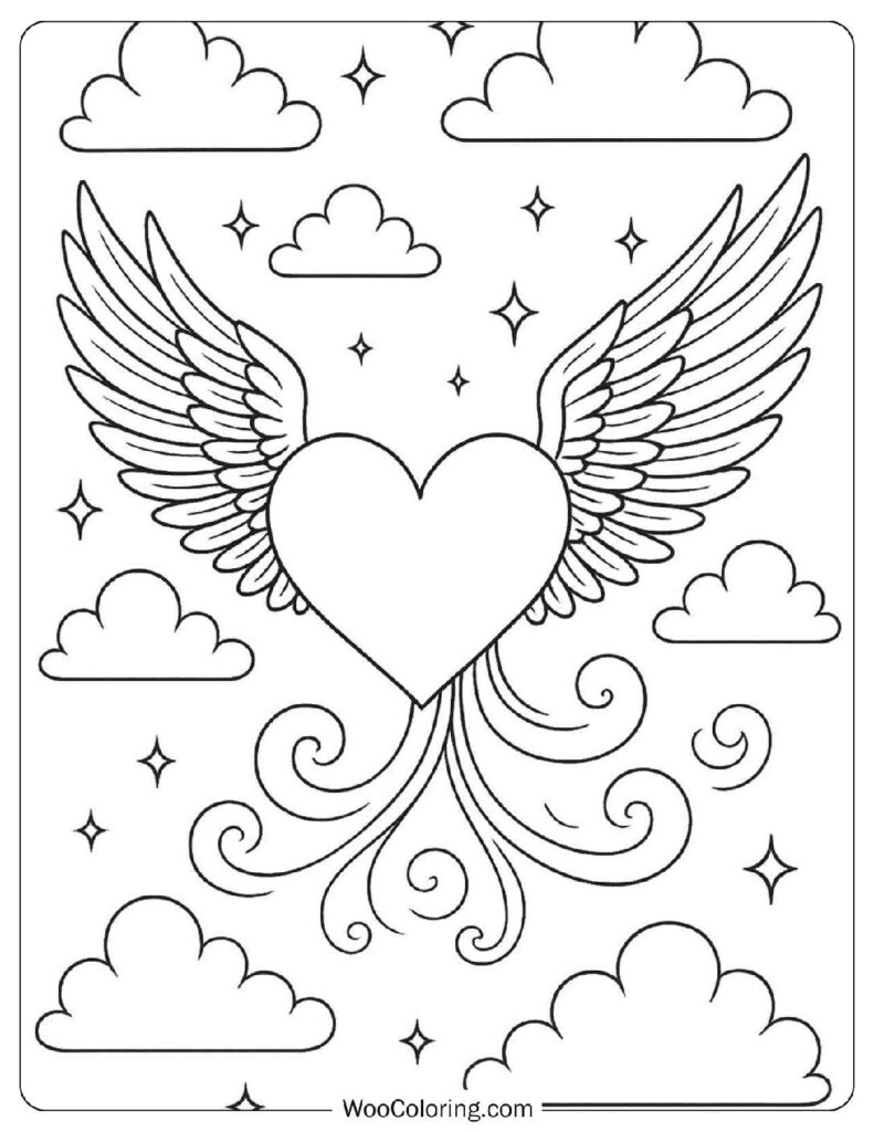 Heart with Wings Coloring Page Soaring Among the Stars