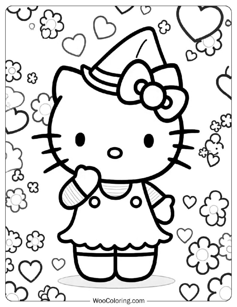 Hello Kitty Coloring Page charming white cat with pink bow in her cozy garden