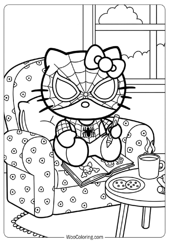 Hello Kitty Spiderman Dressed for a Cozy Day at Home Coloring Page for Preschoolers