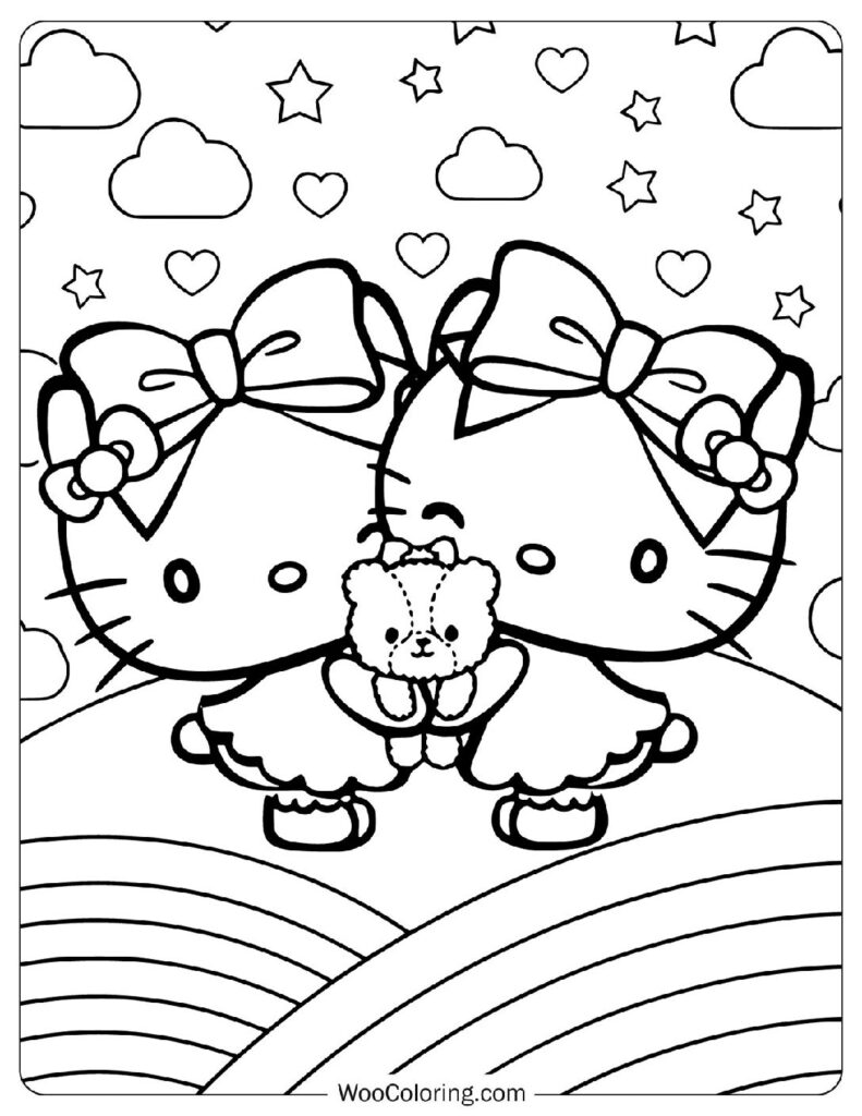 Hello Kitty Twin Sisters Coloring Page With Teddy Bear