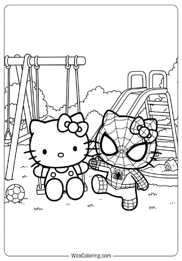 Hello Kitty and Spiderman Having Fun Together in a Playful Scene Coloring Page