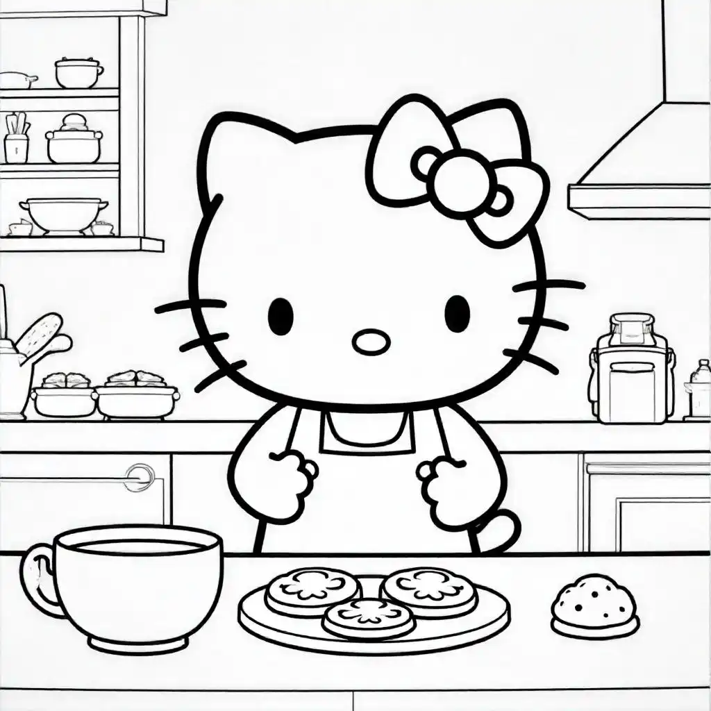 Hello Kitty baking cookies coloring page in black and white AI-generated for kids to print and color