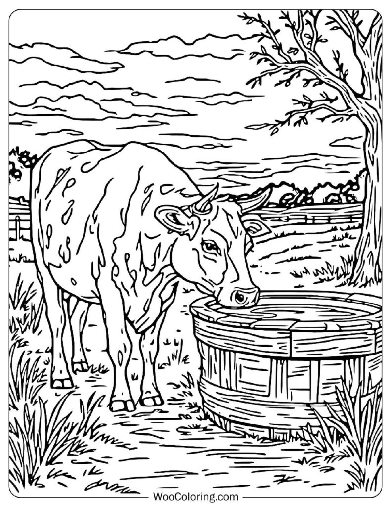 Highly Detailed Cow Coloring Page For Adults – Farm Scene