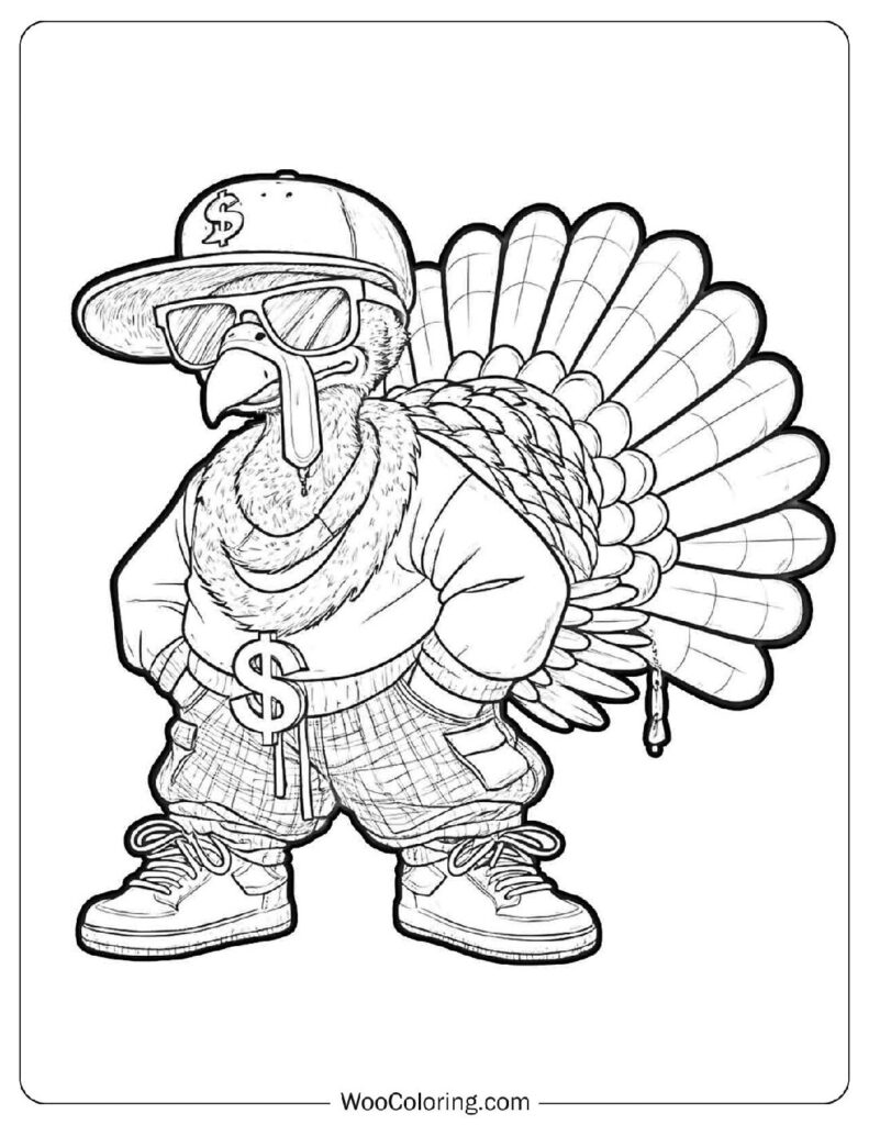 Hip-Hop Rapper Cartoon Turkey Coloring Sheet For Kids Thanksgiving Activity