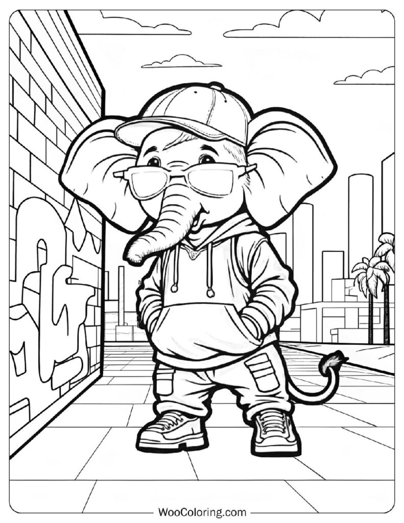 Hip Hop Elephant Coloring Page with Graffiti and City Background