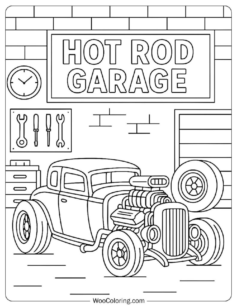 Hot Rod Garage with Car Tools and Spare Tires Coloring Picture