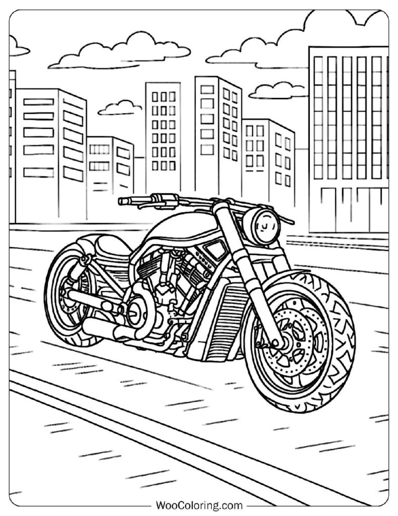Hot Rod Harley Motorcycle on a City Street Coloring Sheet for Adults