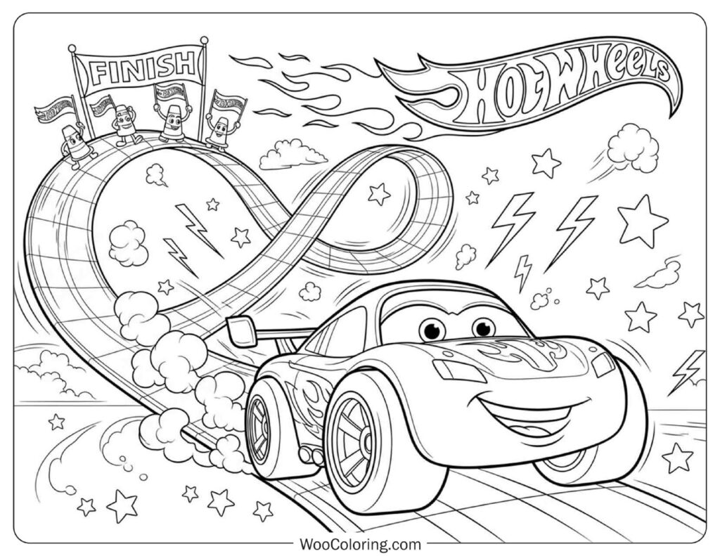 Hot Wheels Cartoon Race Track Coloring Sheet for Preschoolers
