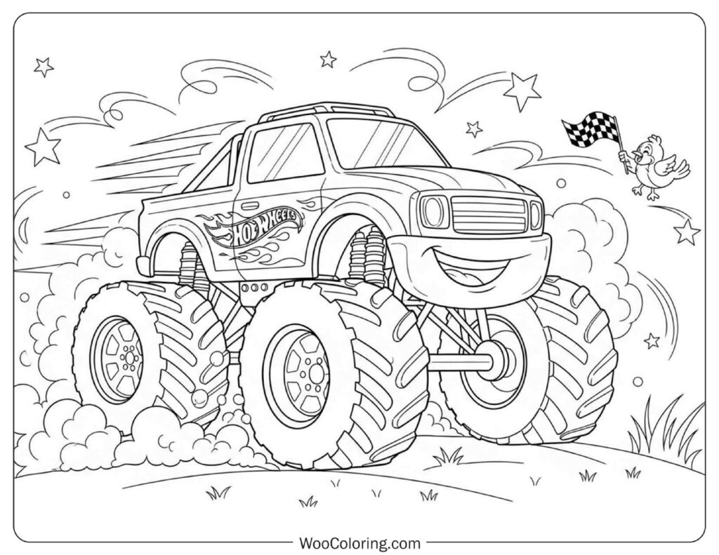 Hot Wheels Happy Monster Truck Coloring Page for Preschoolers
