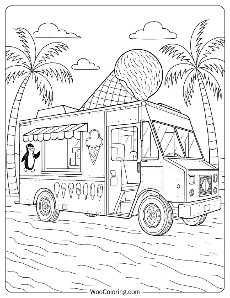 Ice Cream Truck Coloring Page On A Tropical Beach