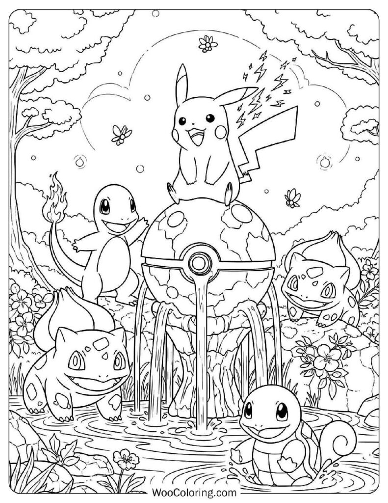 Iconic Pokémon Pikachu, Charmander, Bulbasaur and Squirtle Coloring Page
