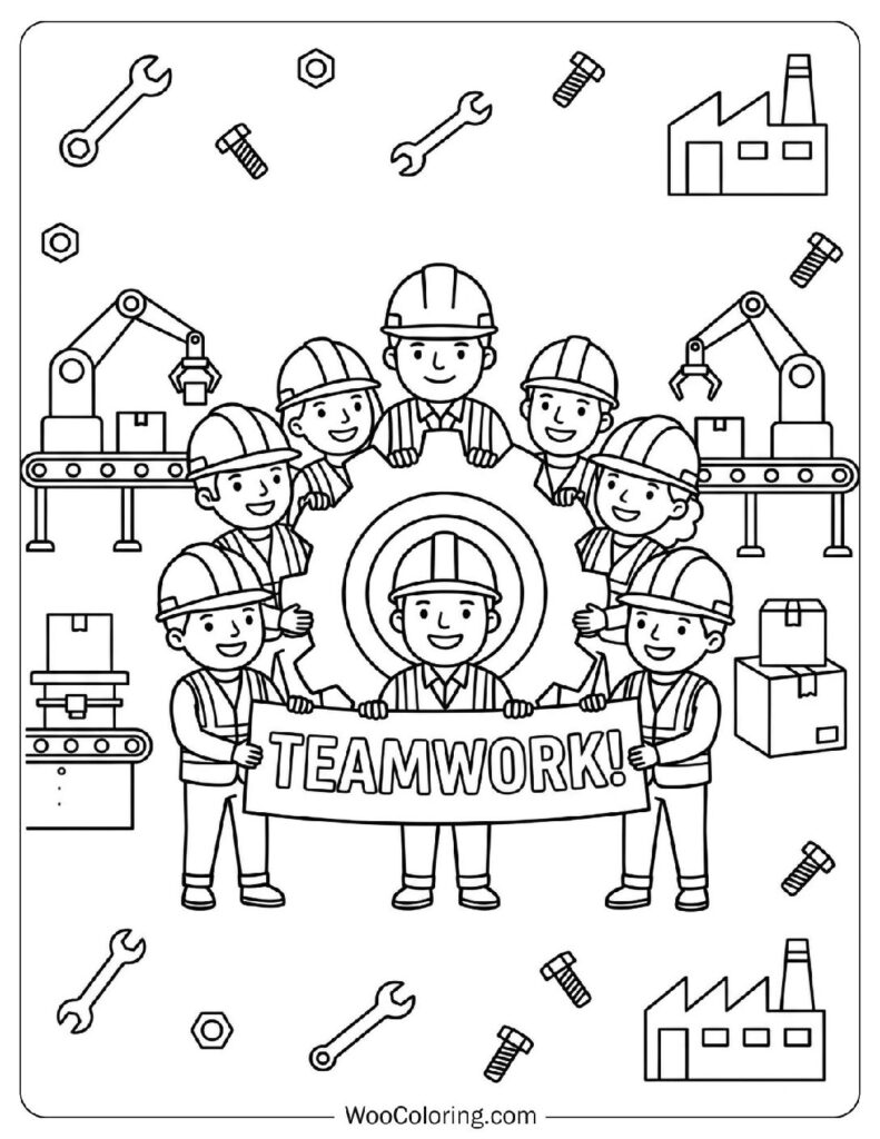 Industrial Factory Workers in Safety Vests Showing Teamwork Picture to Color