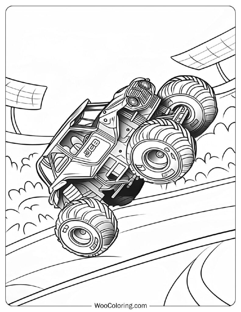 JCB Construction Monster Truck with Cranes and Heavy Equipment Driving Over Rocks Coloring Sheet for Kids