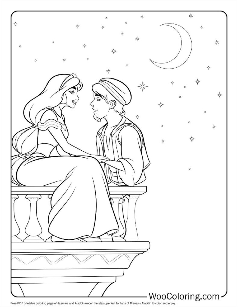 Jasmine and Aladdin Under the Stars To Color