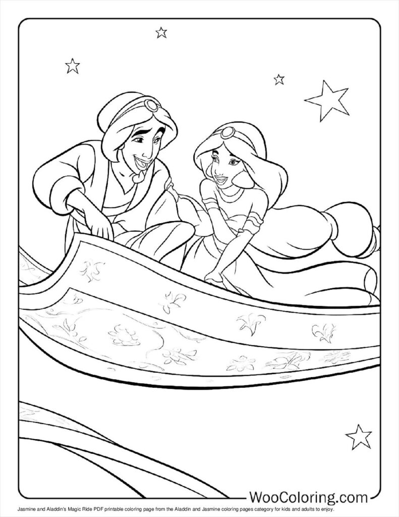 Jasmine and Aladdin’s Magic Ride Coloring In For Kids