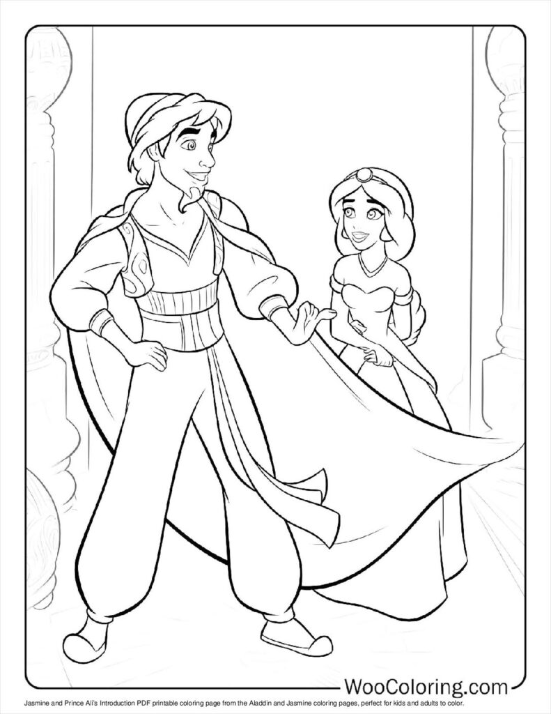 Jasmine and Prince Ali’s Introduction Coloring Page For Kids