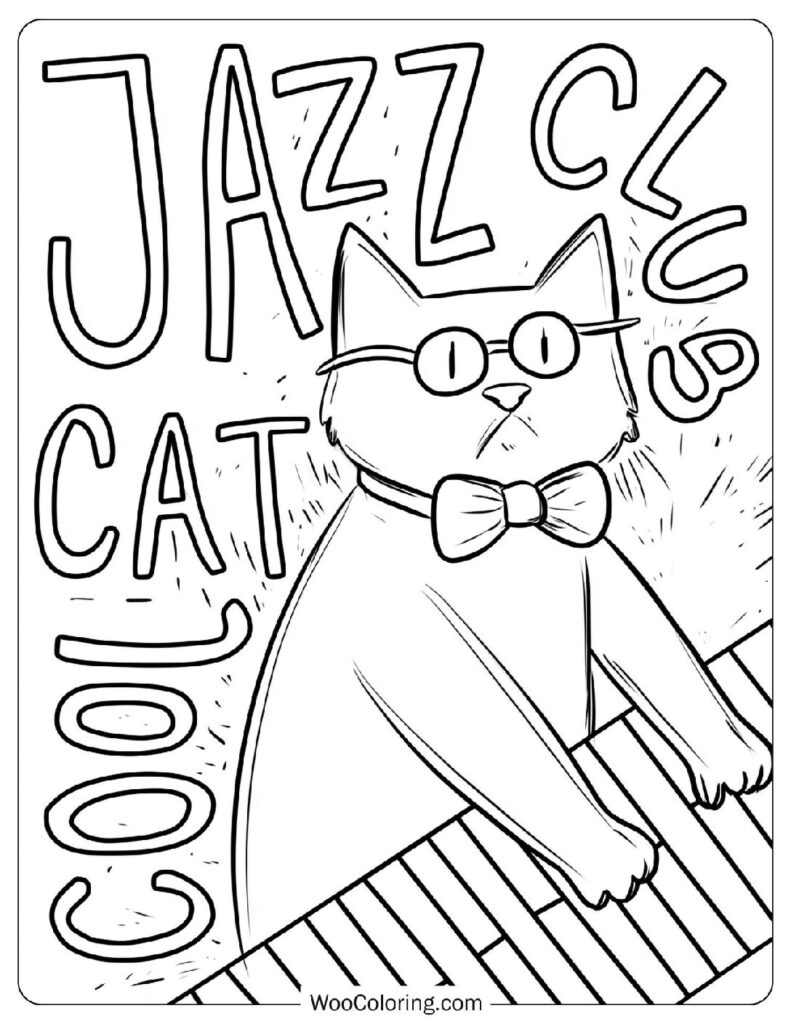 Jazz Club Cool Cat Coloring Page With Piano And Sunglasses