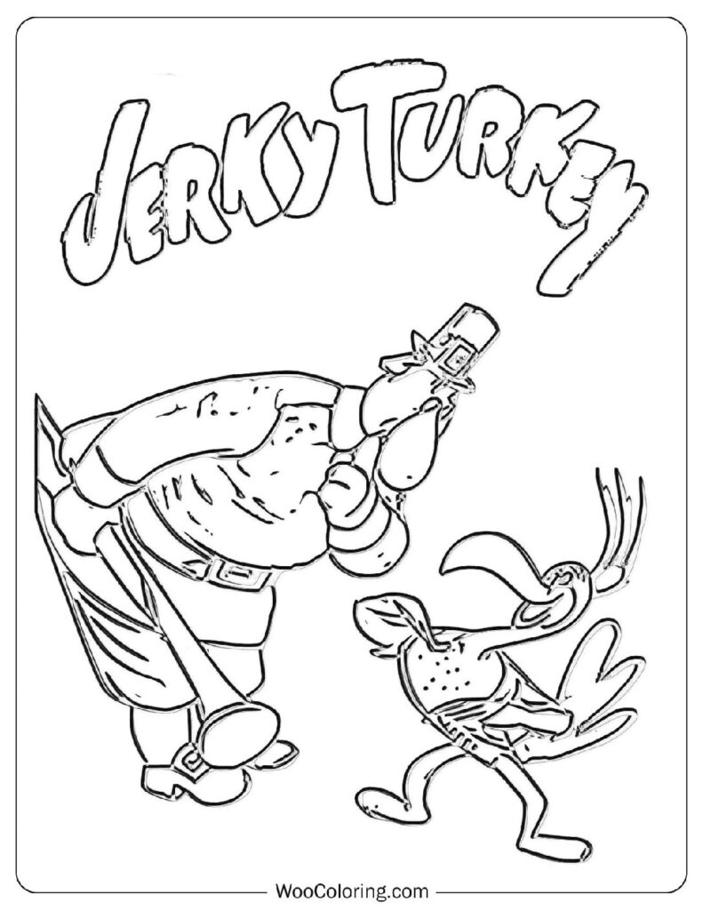 Jerky Turkey With Pilgrim Cartoon Drawing Sheet To Color