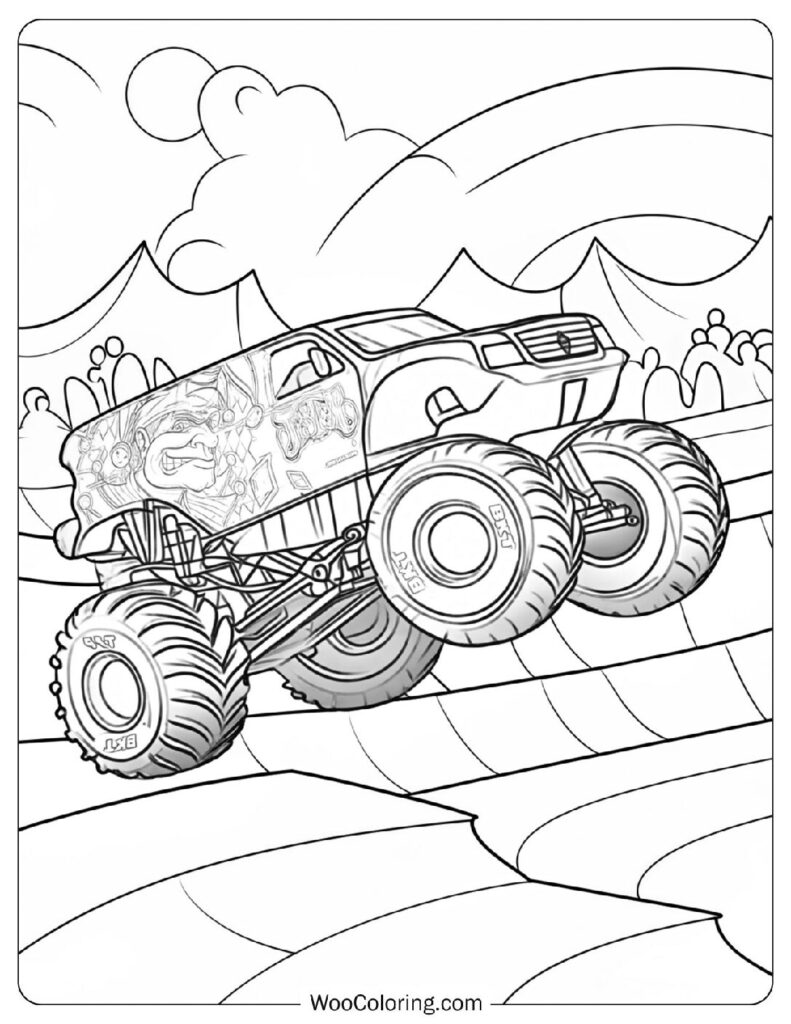 Jester Monster Jam Truck with a Silly Smile Performing Tricks for Preschool Audiences Coloring Sheet