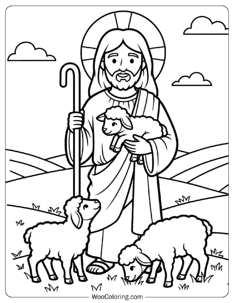 Jesus as the Good Shepherd with Easter Lambs Coloring Page for Preschoolers