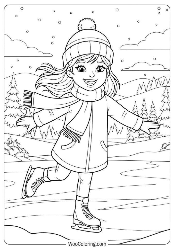 Joyful Girl Ice Skating With a Big Smile on a Crisp Winter Day