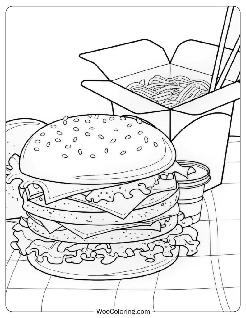 Food coloring page of Juicy Burgers And Noodles