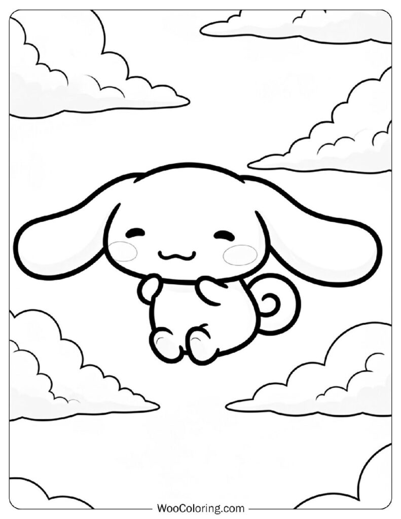 Kawaii Baby Cinnamoroll coloring page for kids, floating quietly among the clouds in a peaceful afternoon sky
